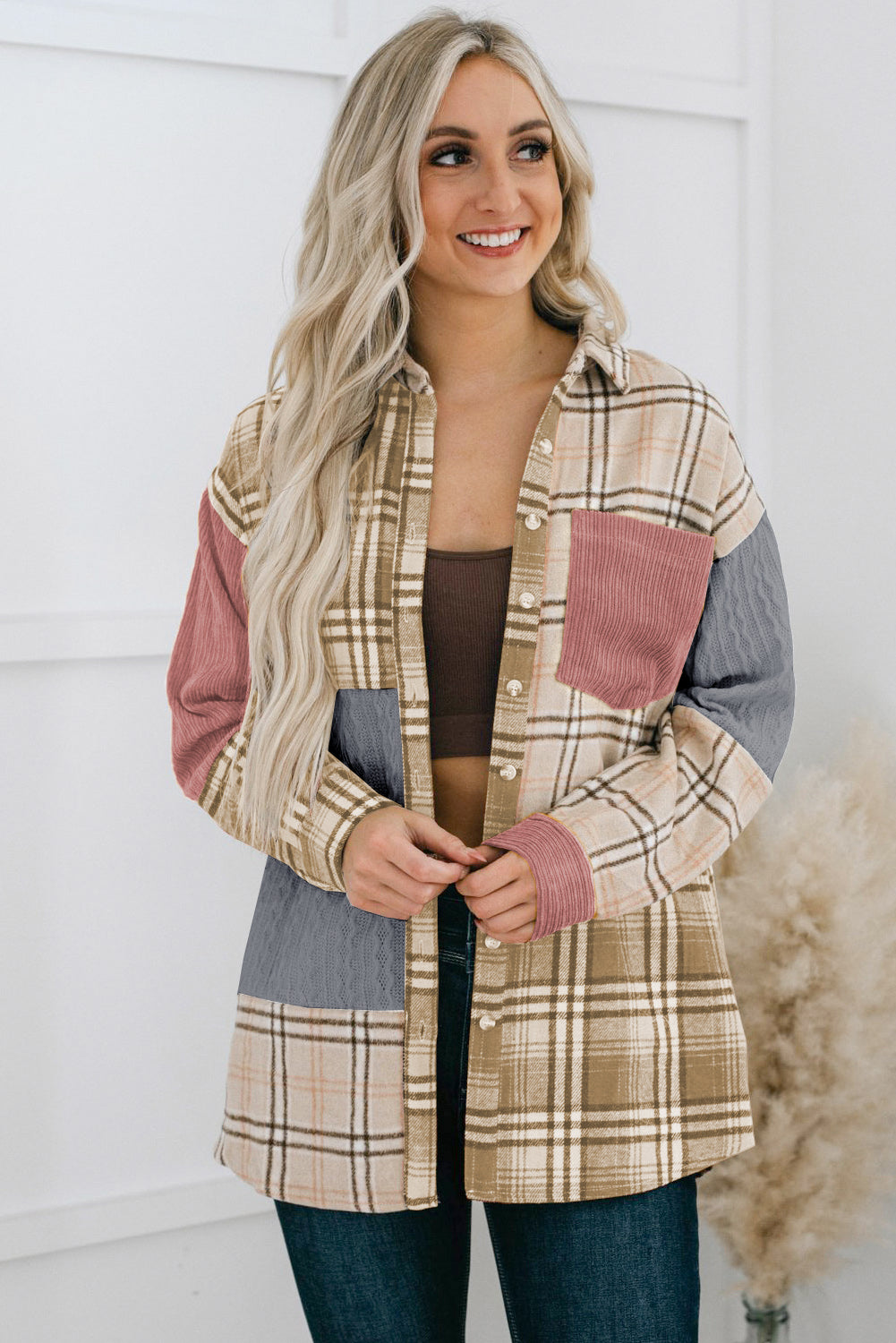 Plaid Color Block Patchwork Shirt Jacket with Pocket