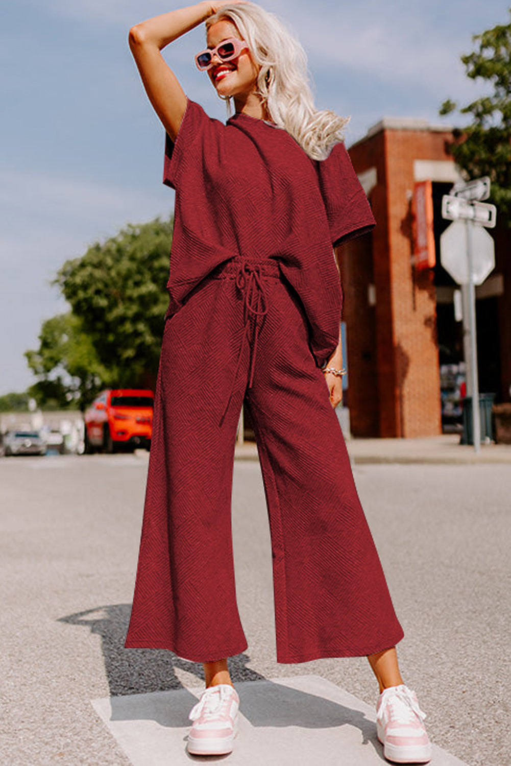 Strawberry Pink Textured Loose Fit T Shirt and Drawstring Pants Set
