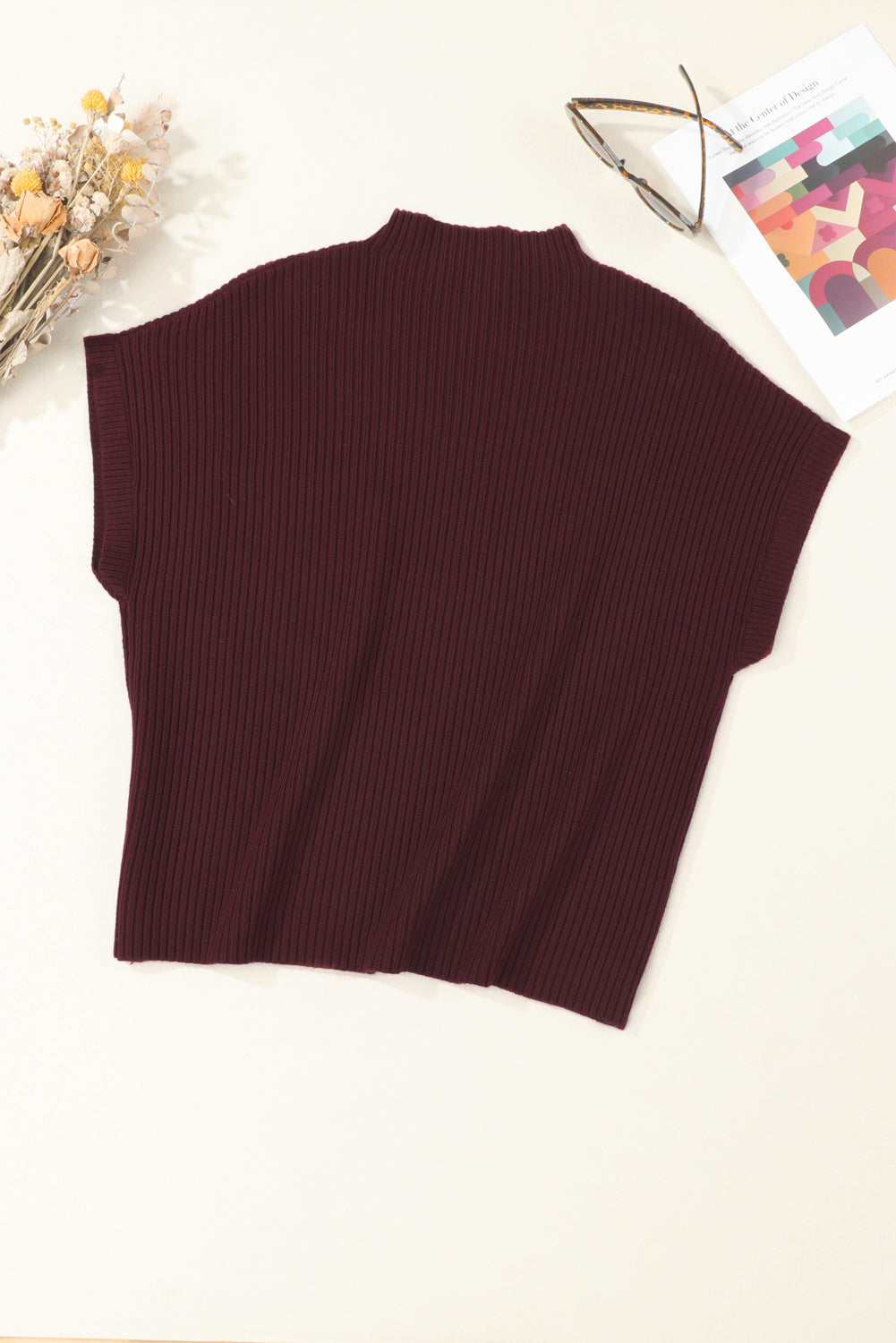 Oatmeal Patch Pocket Ribbed Knit Short Sleeve Sweater