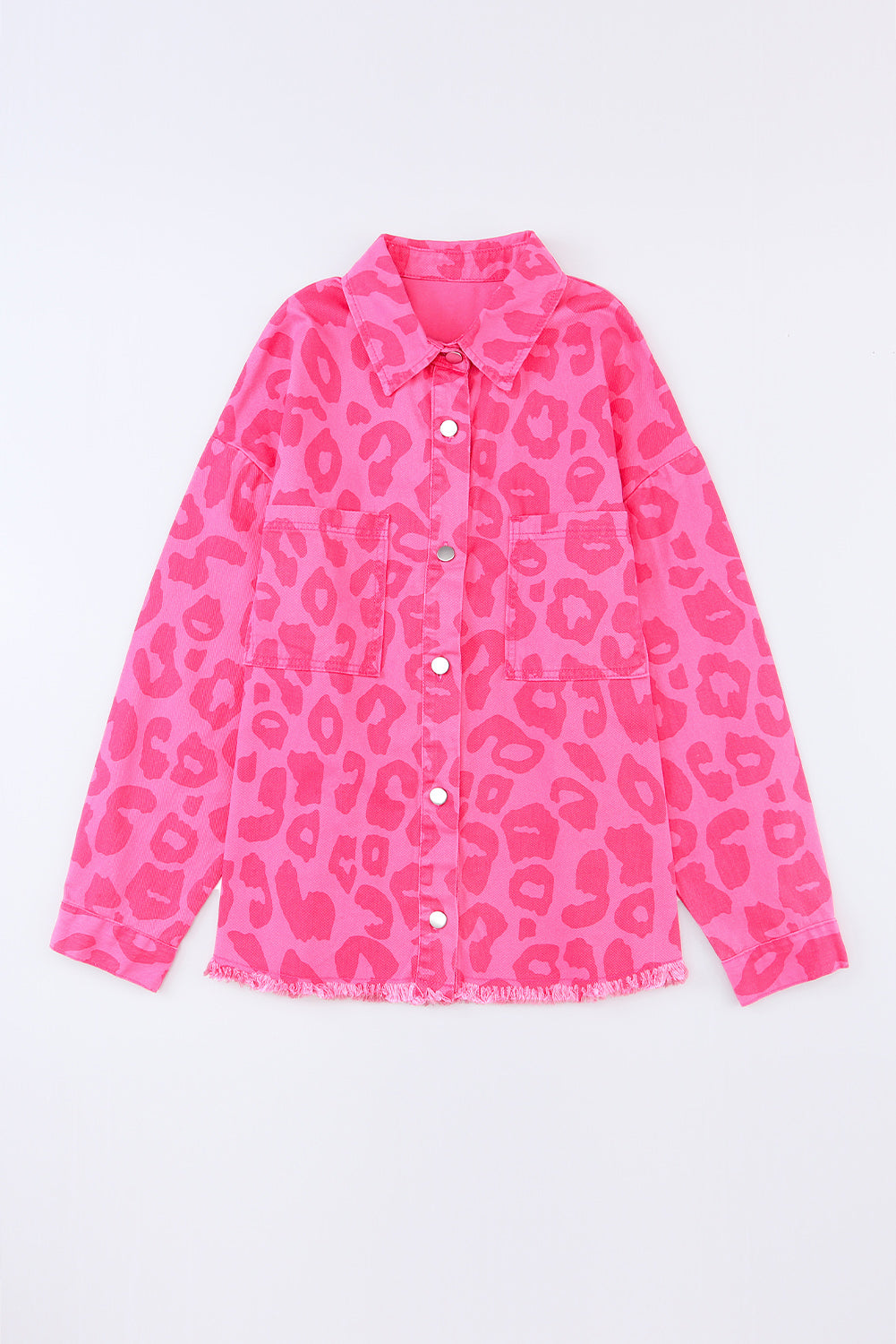 Pink Plus Size Leopard Print Button Cuffs Raw Hem Jacket