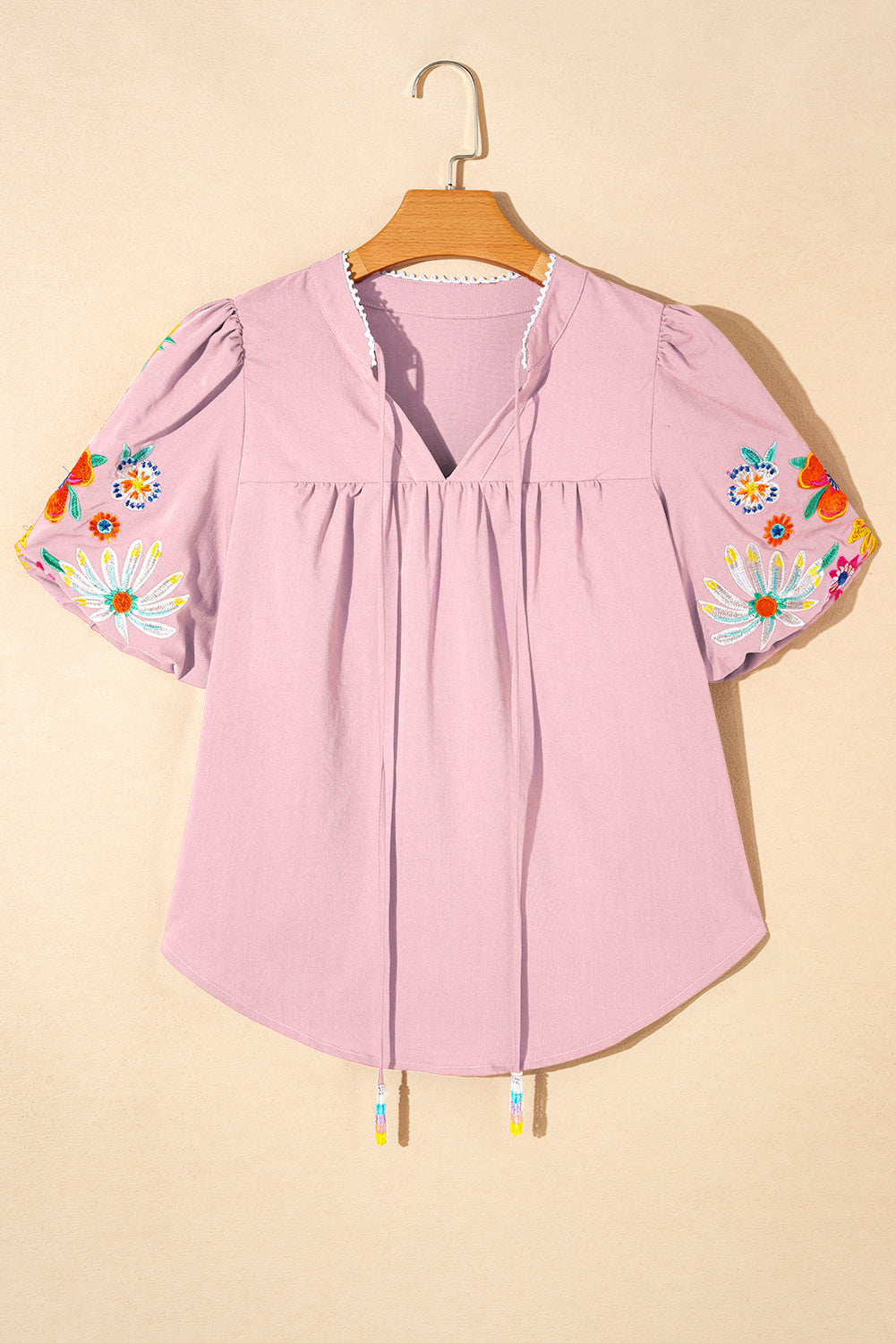 Beau Floral Embroidered Puff Sleeve Split Neck Blouse
