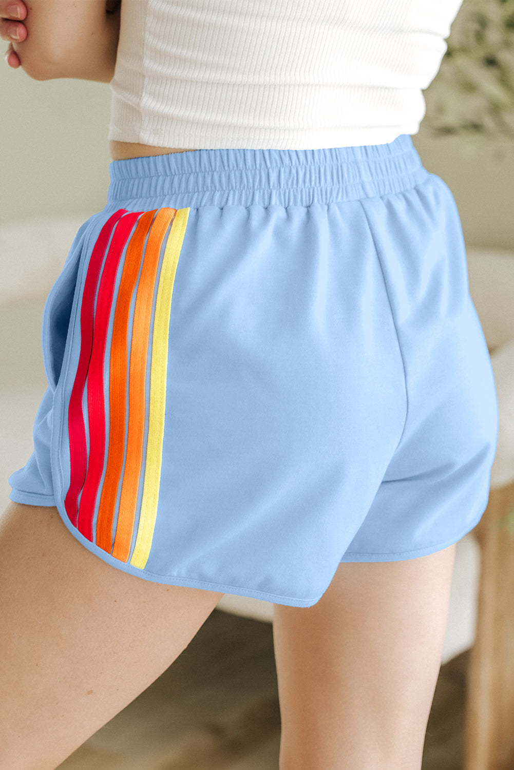 Beau Color Block Stripes Elastic High Waist Active Shorts