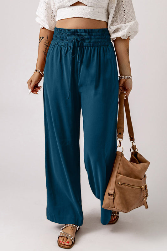 Drawstring Smocked Waist Wide Leg Plus Size Pants