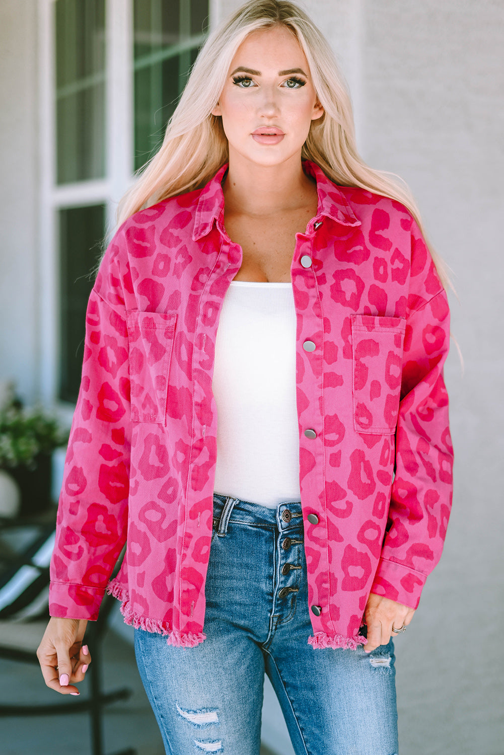 Pink Plus Size Leopard Print Button Cuffs Raw Hem Jacket