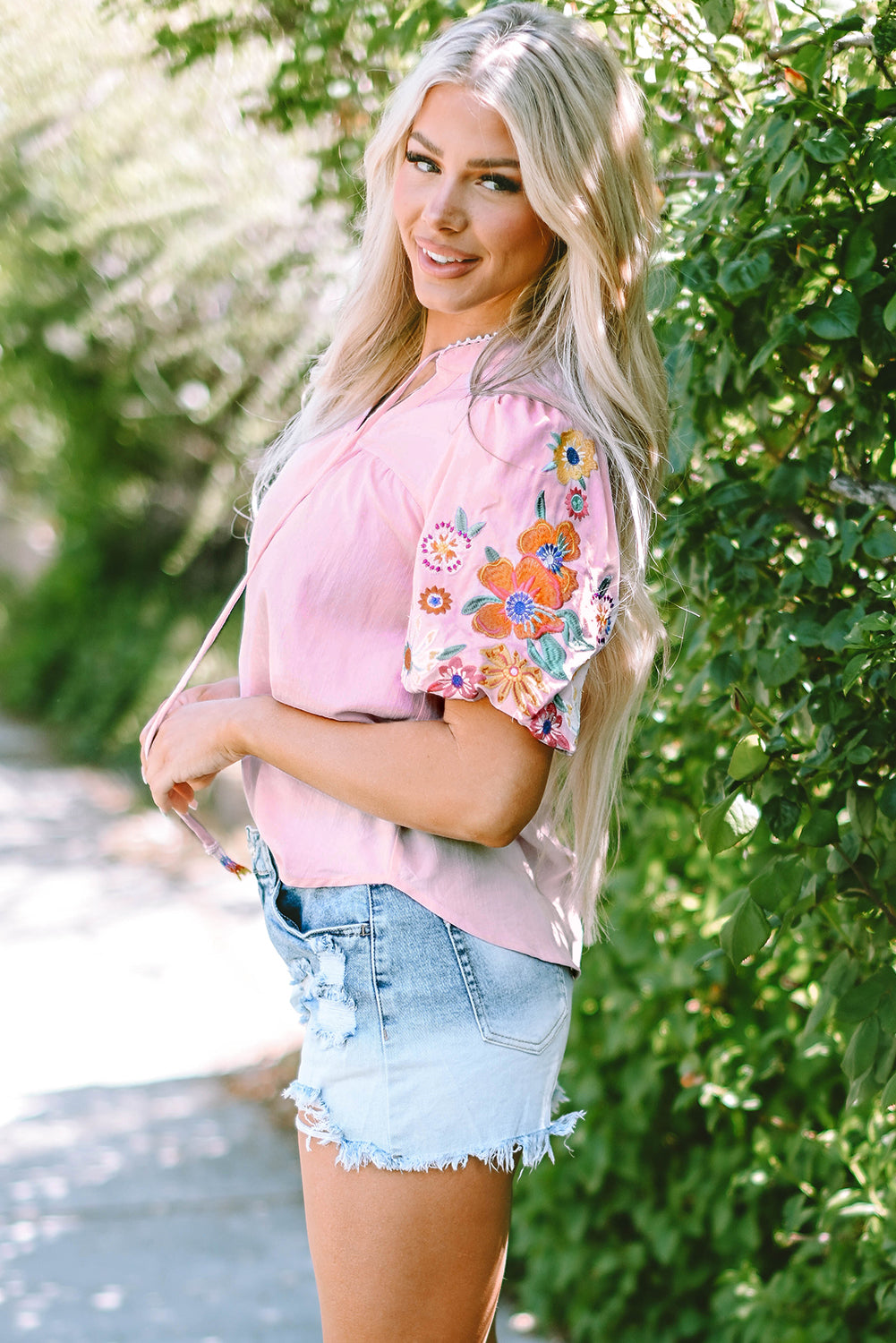 Beau Floral Embroidered Puff Sleeve Split Neck Blouse