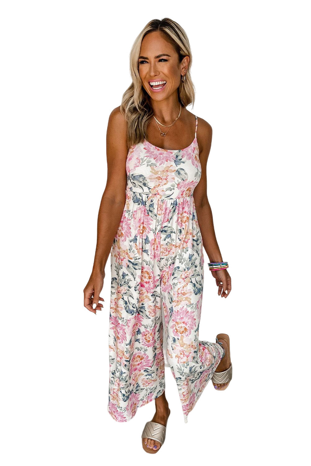 White Plus Size Floral Print Sleeveless Wide Leg Jumpsuit