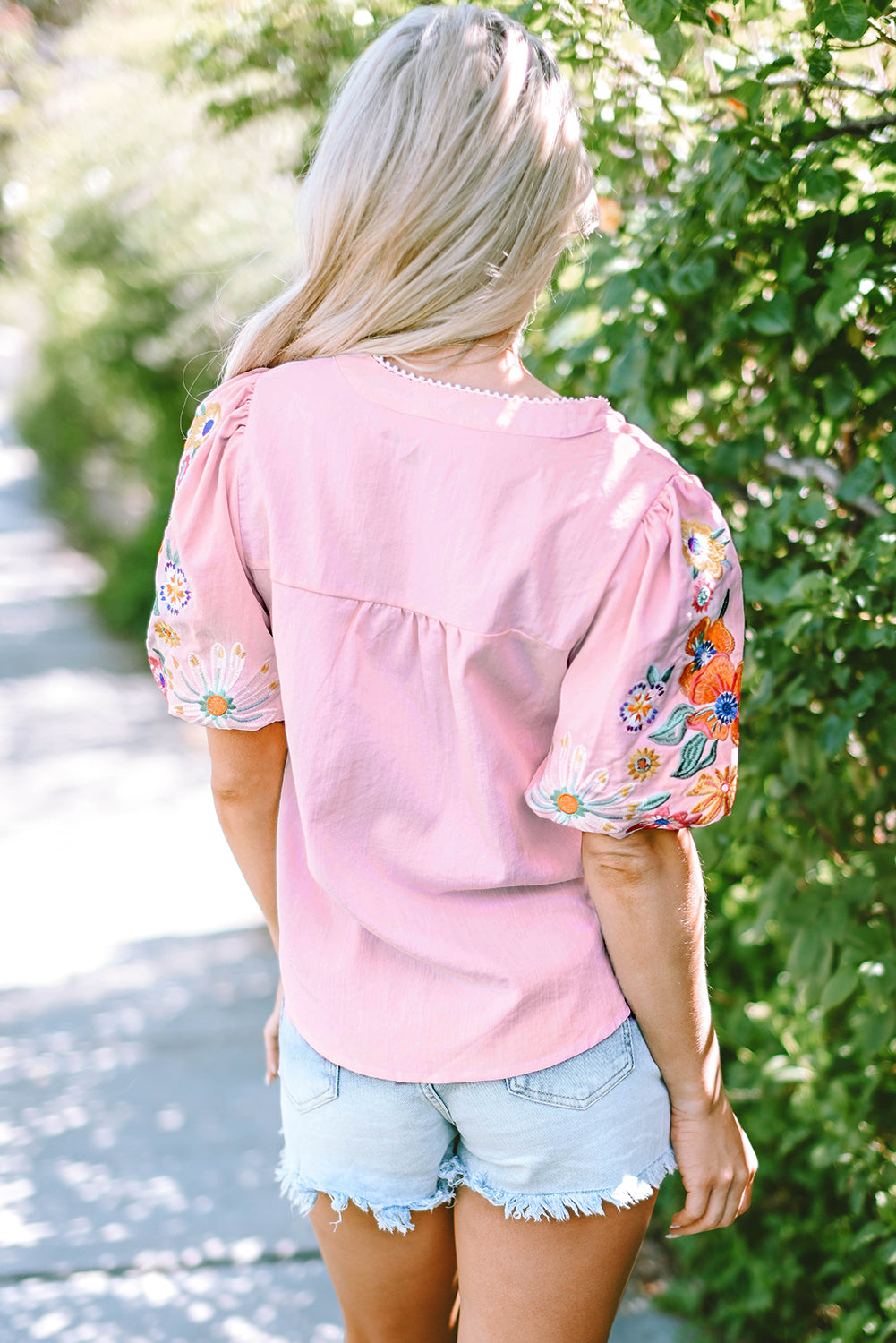 Beau Floral Embroidered Puff Sleeve Split Neck Blouse