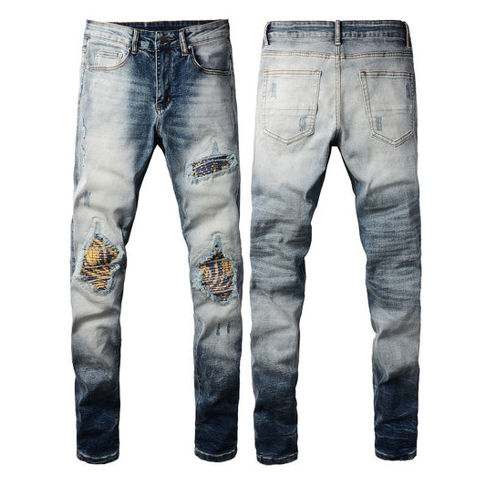 Men's Retro Distressed Jeans with Decorative Patch