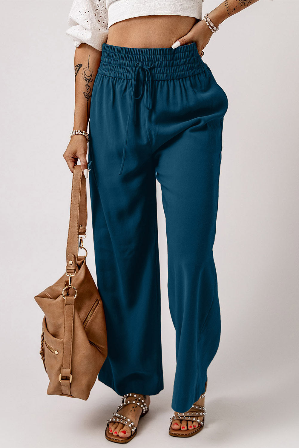 Drawstring Smocked Waist Wide Leg Plus Size Pants