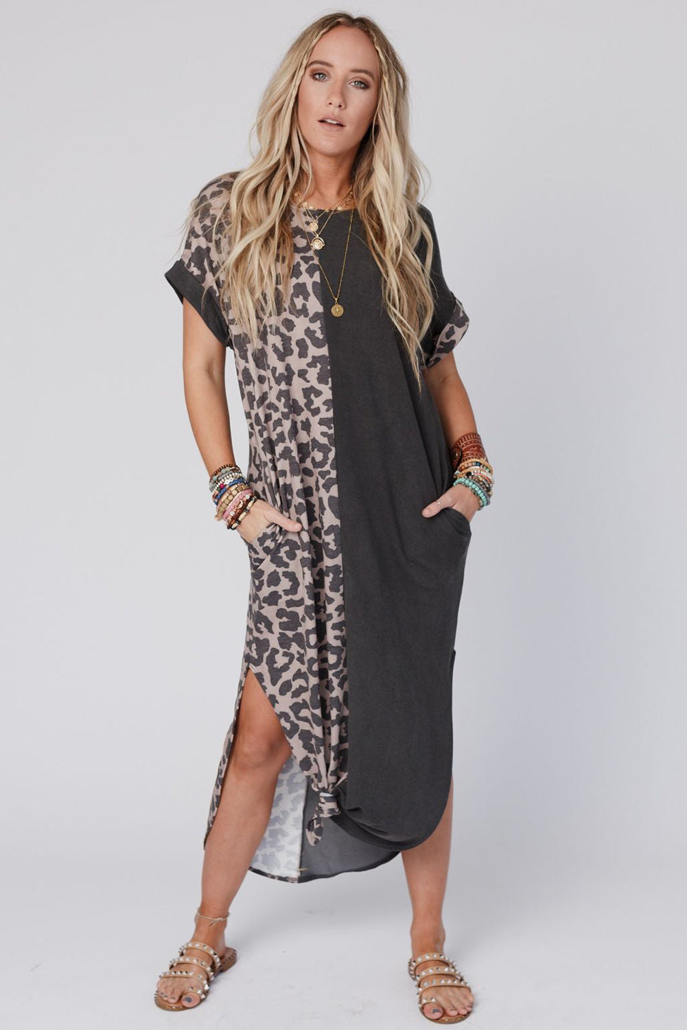 Multicolor Plus Size Leopard Colorblock Long Sleeve T-Shirt Dress