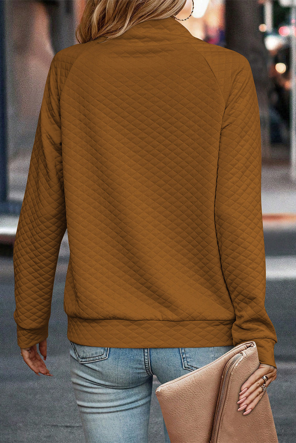 Apricot High Neck Kangaroo Pocket Quilted Sweatshirt