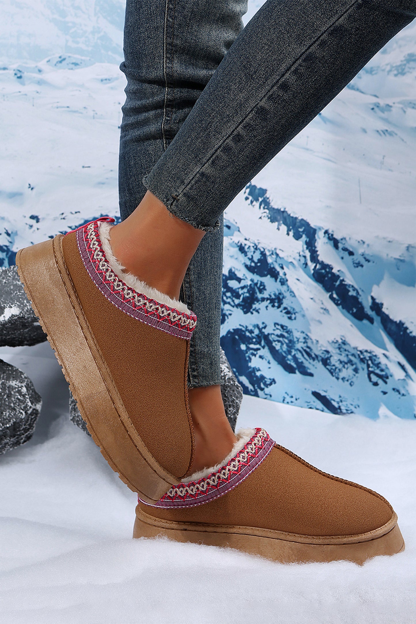Chestnut Suede Contrast Print Plush Lined Snow Boots