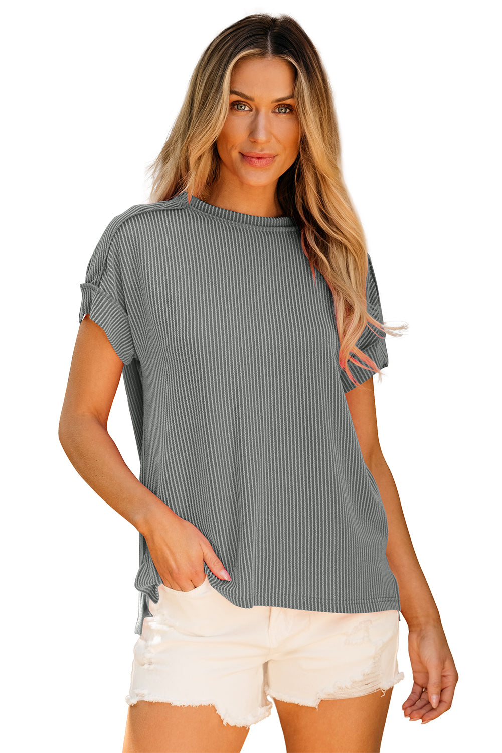 Rose Red Textured Knit Exposed Stitching T-shirt