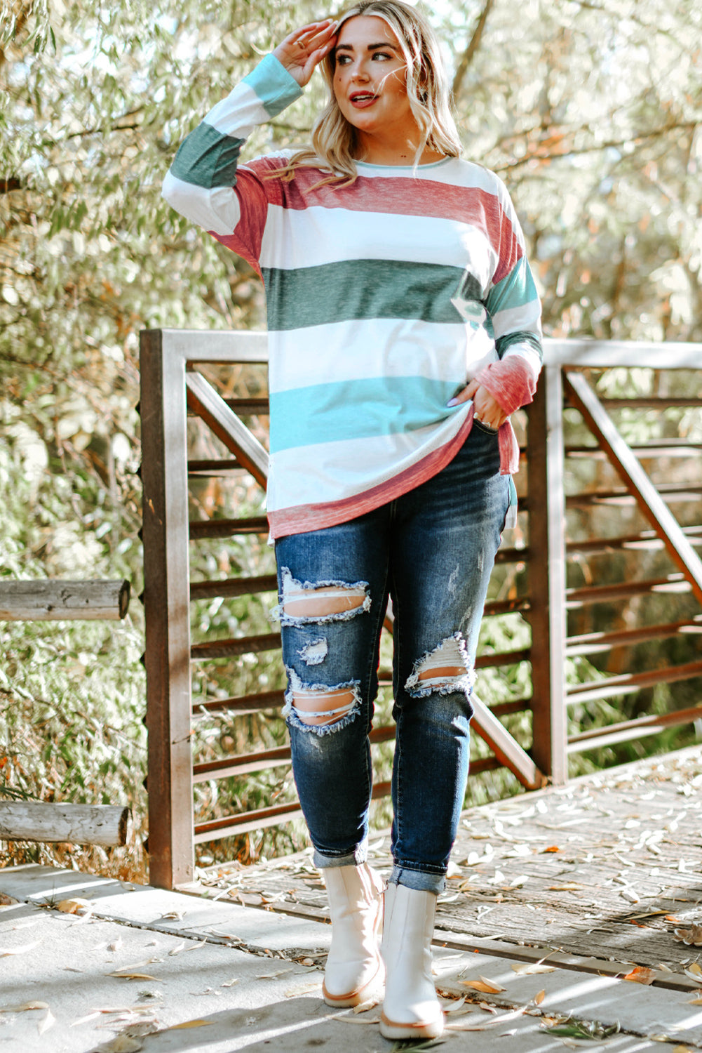 Sky Blue Stripe Plus Size Colorblock Pullover Top