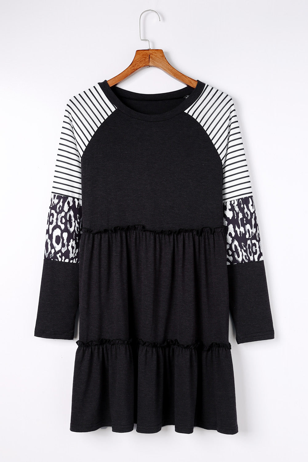 Black Plus Size Striped Leopard Patch Sleeve Ruffle Tiered Dress