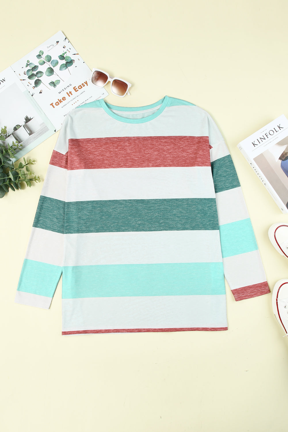 Sky Blue Stripe Plus Size Colorblock Pullover Top