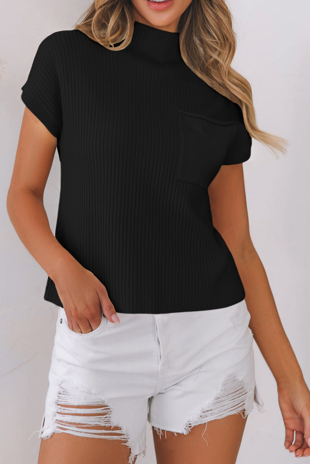 Oatmeal Patch Pocket Ribbed Knit Short Sleeve Sweater