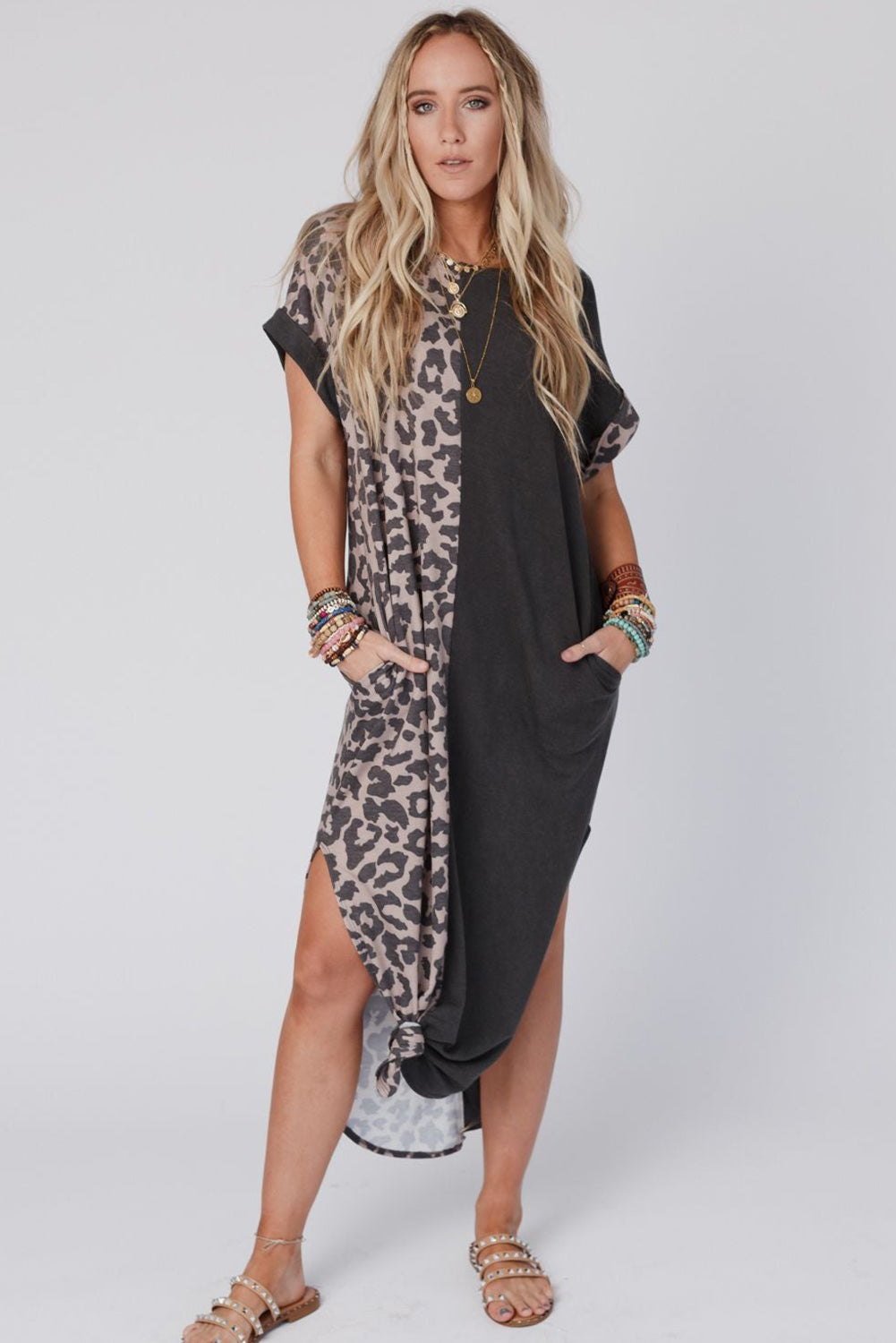 Multicolor Plus Size Leopard Colorblock Long Sleeve T-Shirt Dress