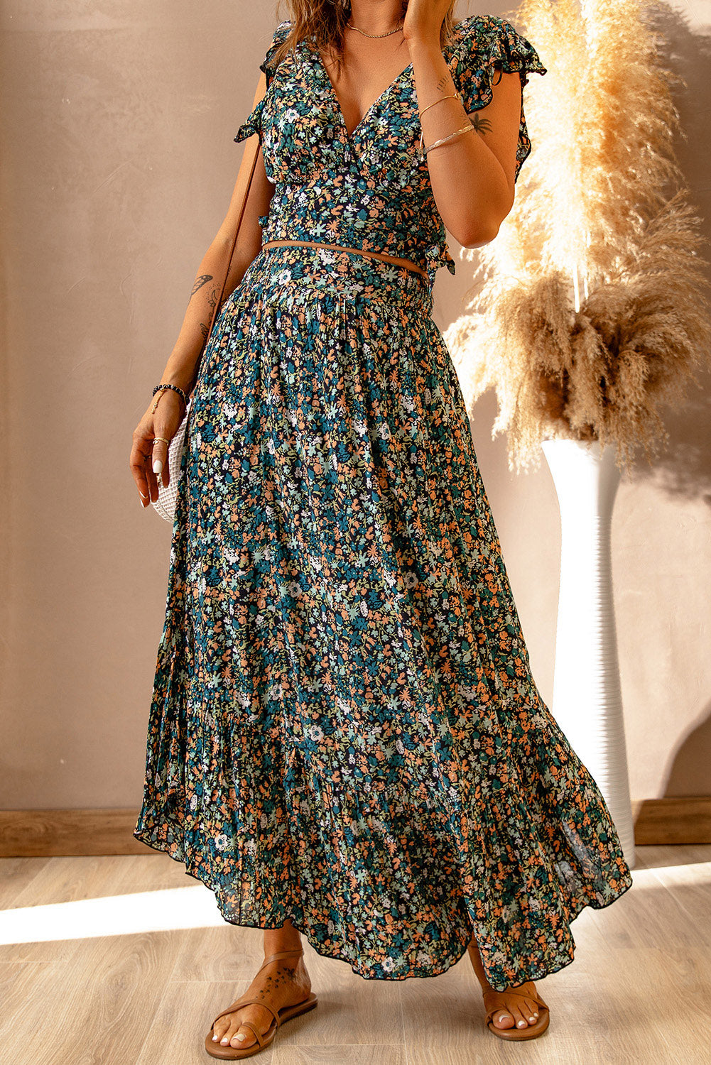 Multicolor Floral Ruffled Crop Top and Maxi Skirt Set