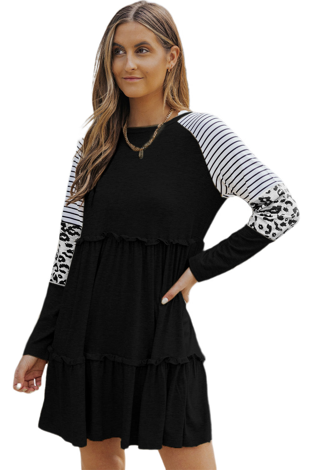 Black Plus Size Striped Leopard Patch Sleeve Ruffle Tiered Dress