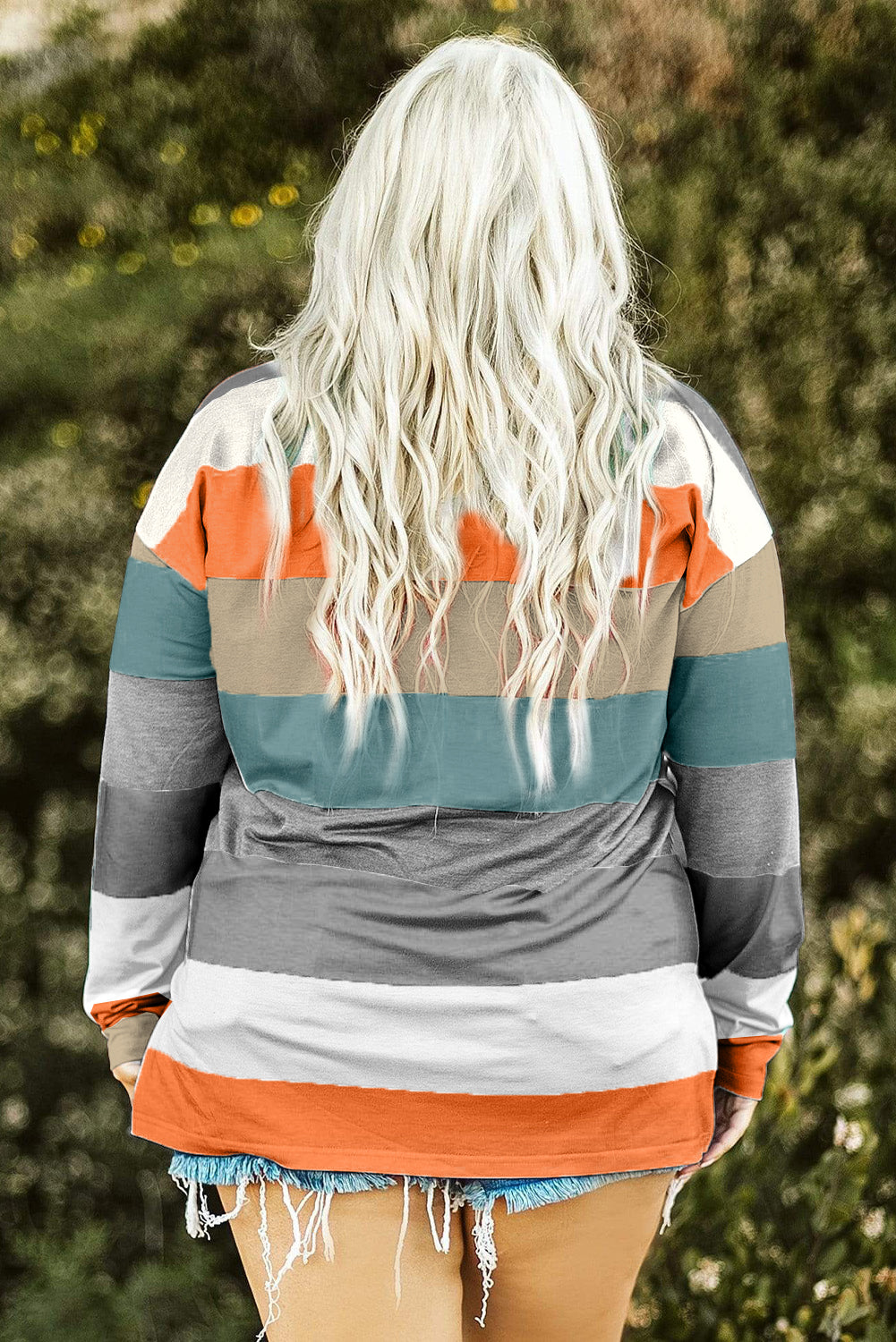 Sky Blue Stripe Plus Size Colorblock Pullover Top