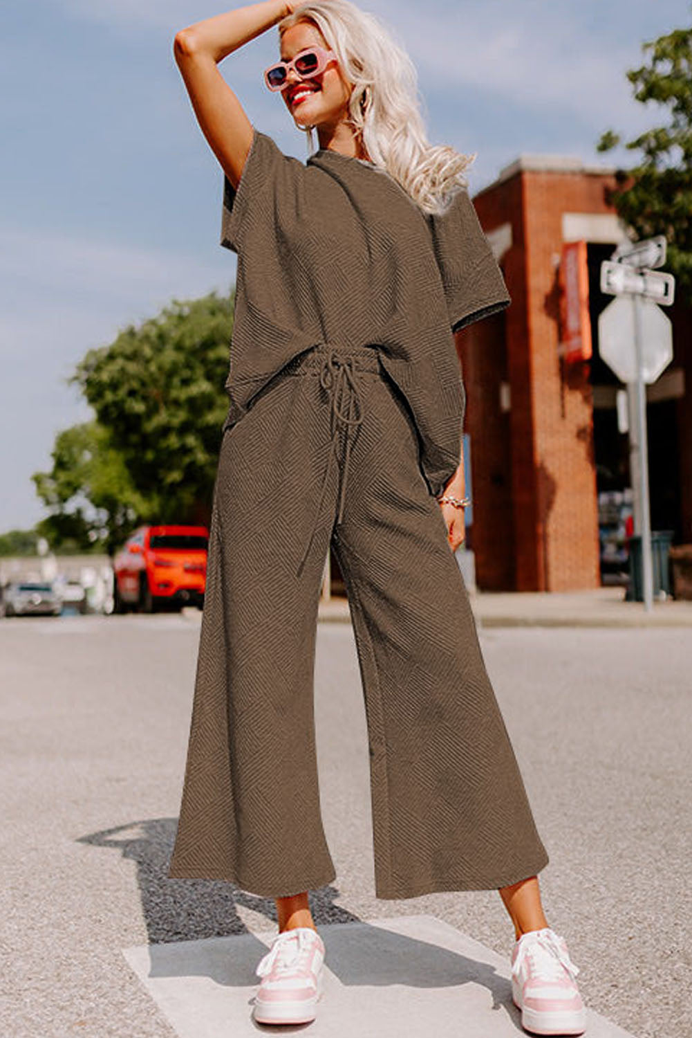 Gray Textured Loose Fit T Shirt and Drawstring Pants Set