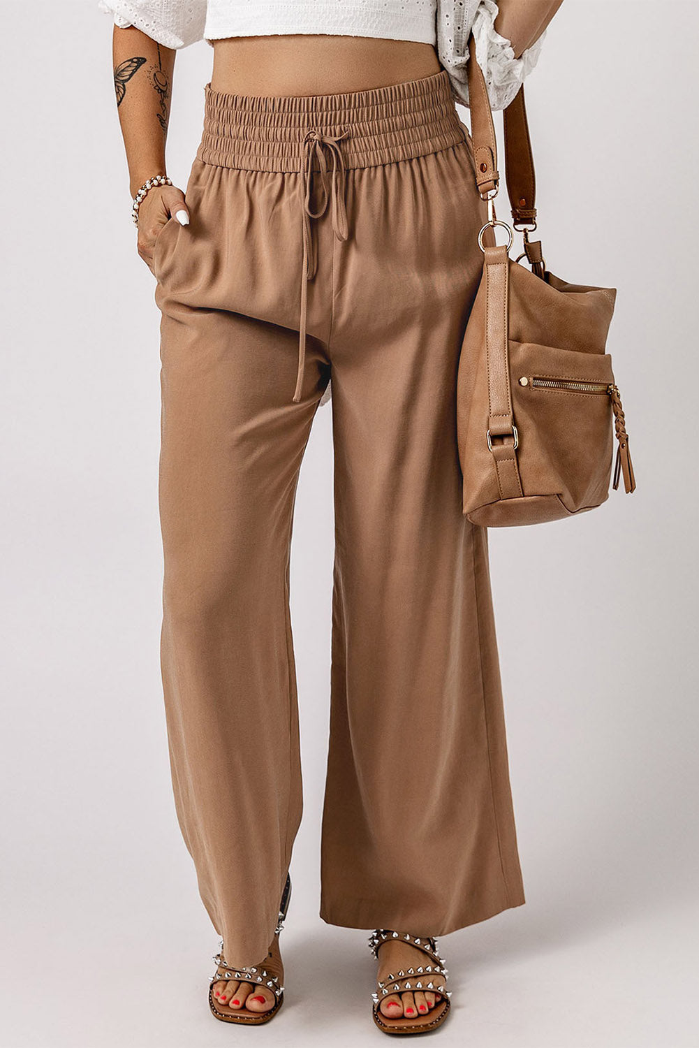 Drawstring Smocked Waist Wide Leg Plus Size Pants