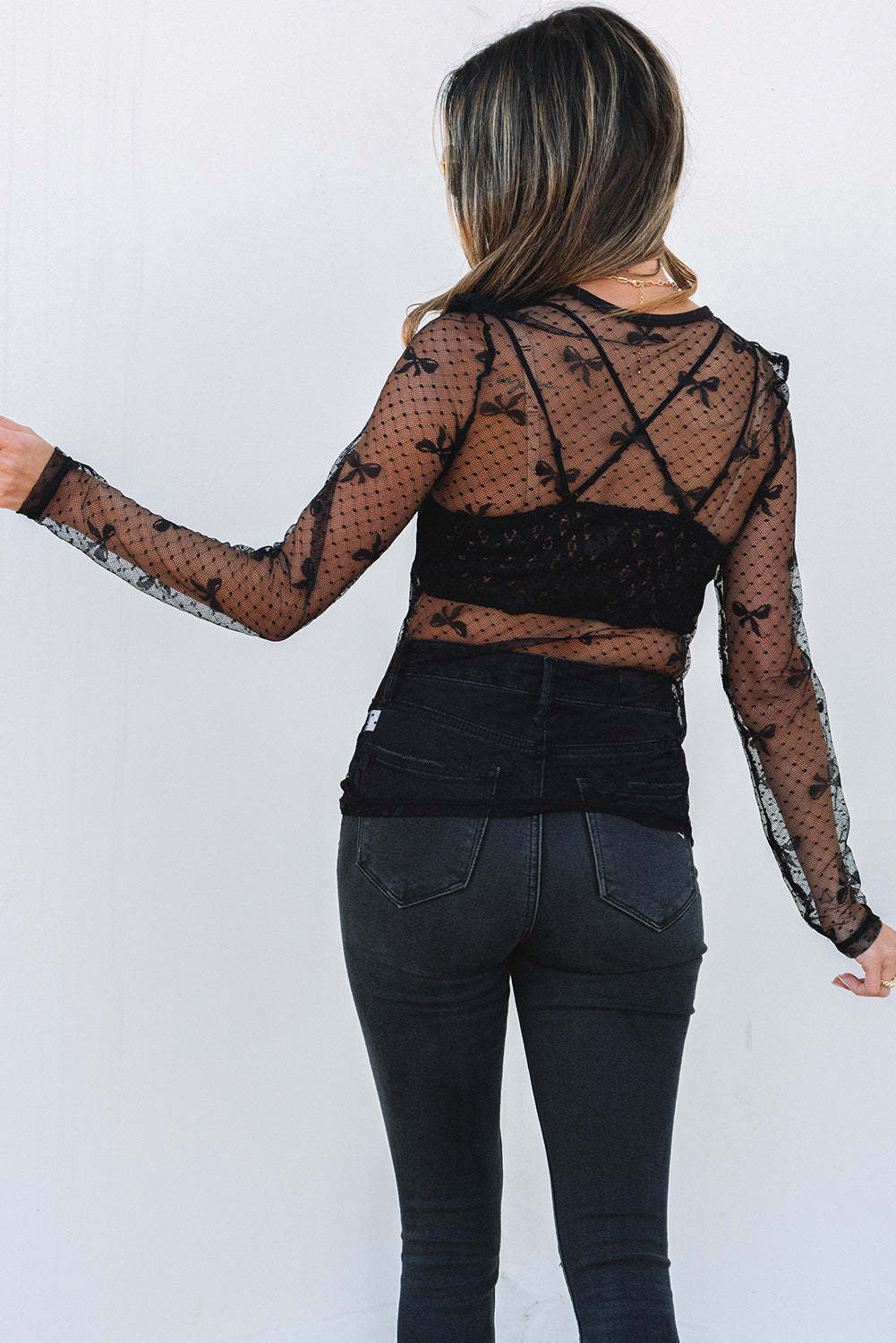 Black Mesh Bow Pattern Long Sleeve Top