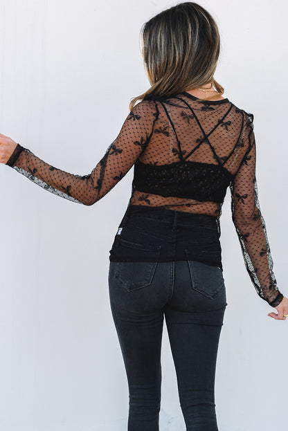 Black Mesh Bow Pattern Long Sleeve Top
