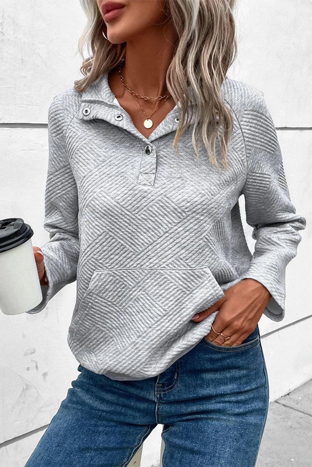 Gray Textured Contrast Splicing Raglan Sleeve Top