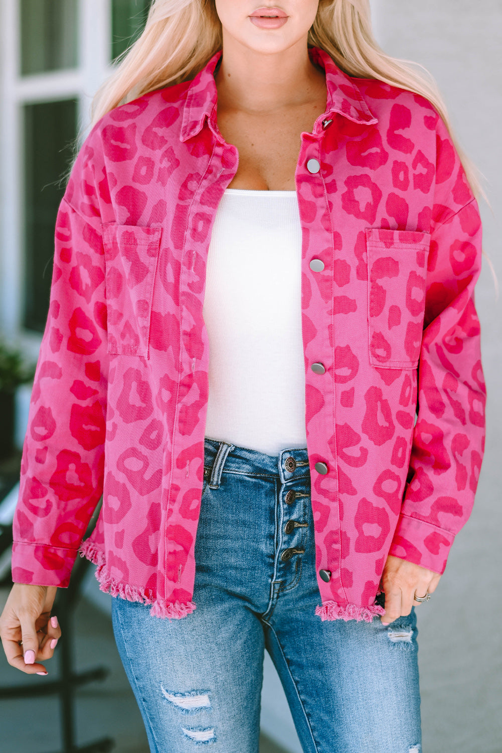 Pink Plus Size Leopard Print Button Cuffs Raw Hem Jacket