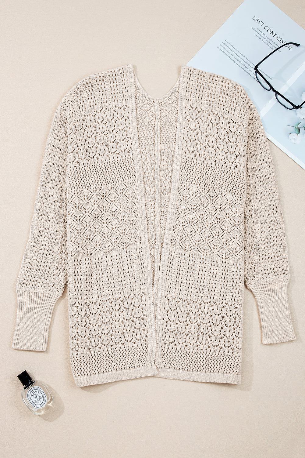 Lapis Mix Pattern Hollowed Knit Open Front Cardigan