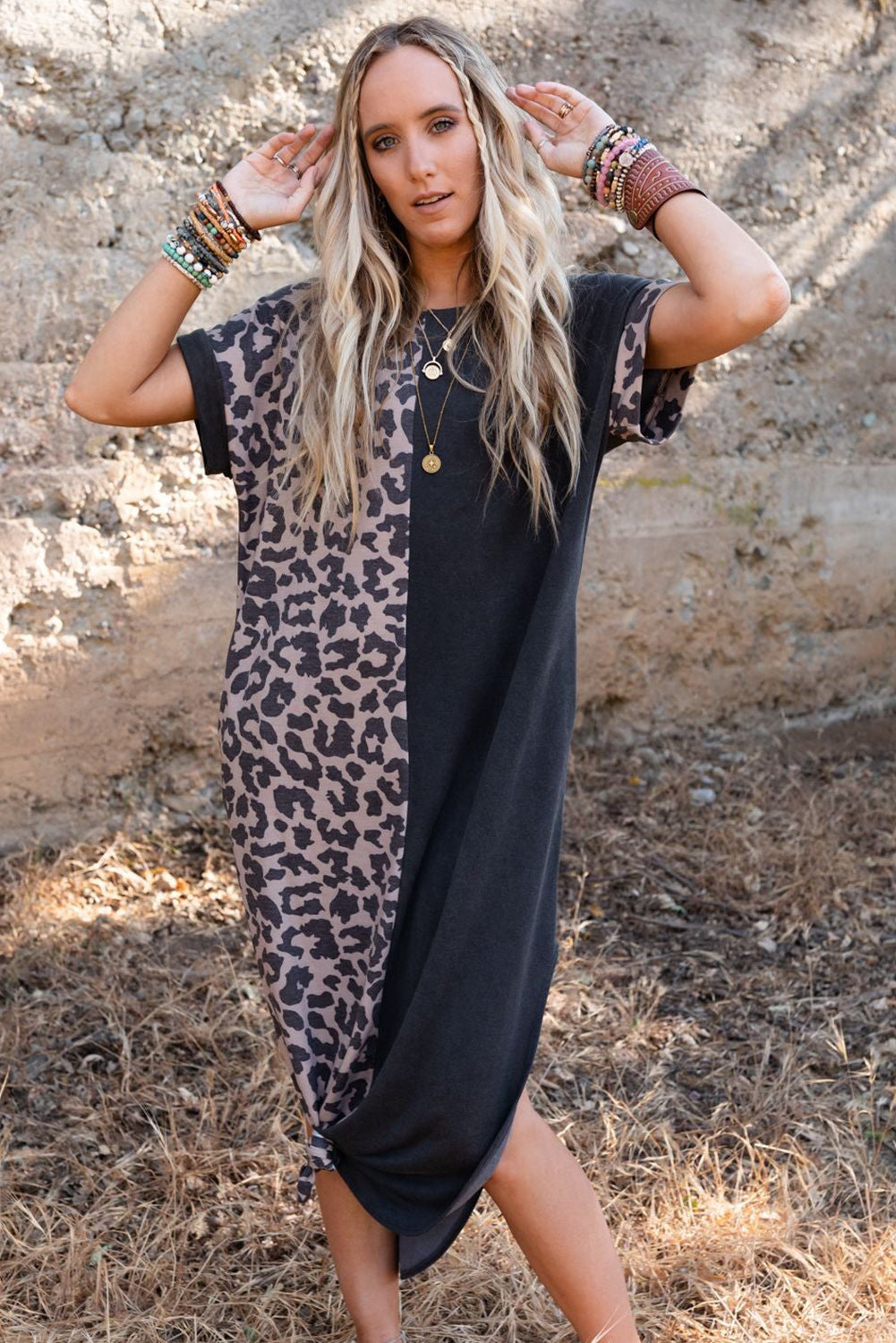 Multicolor Plus Size Leopard Colorblock Long Sleeve T-Shirt Dress