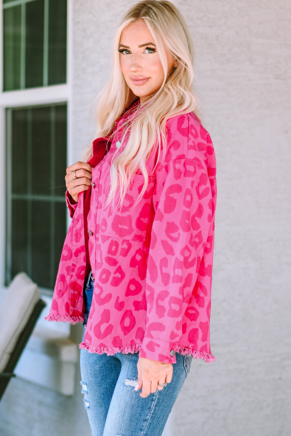 Pink Plus Size Leopard Print Button Cuffs Raw Hem Jacket