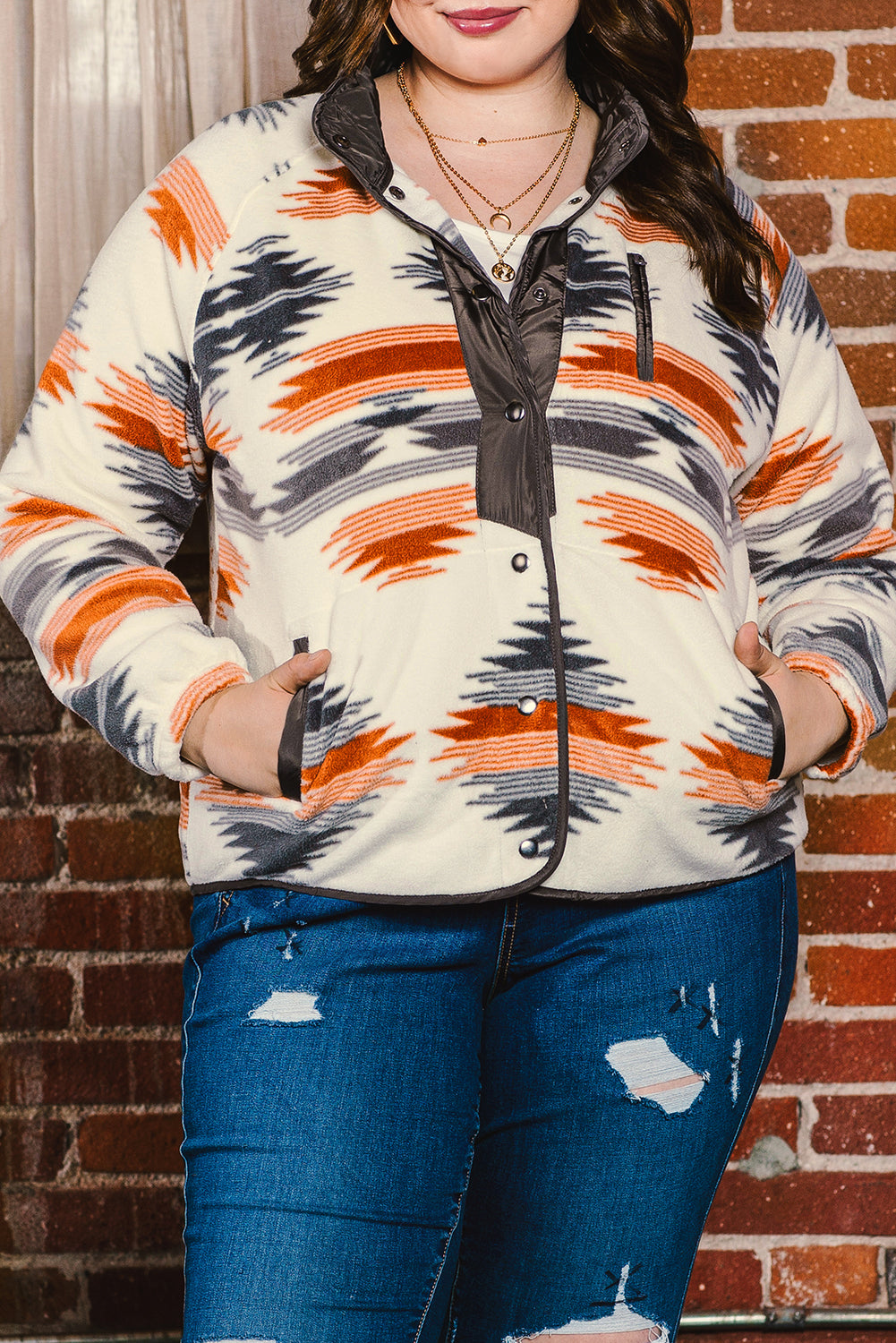 Leopard Plus Size Color Block Chest Pocket Sherpa Jacket