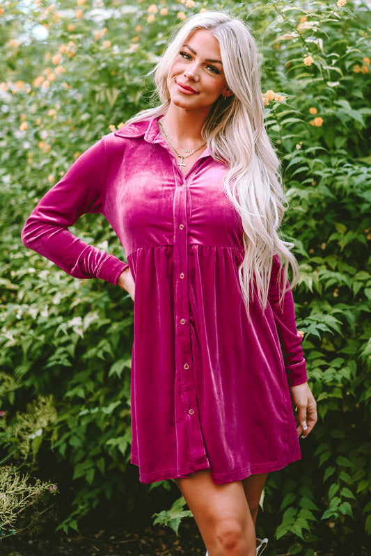 Rose Red Plus Velvet Button Up Long Sleeve Babydoll Dress