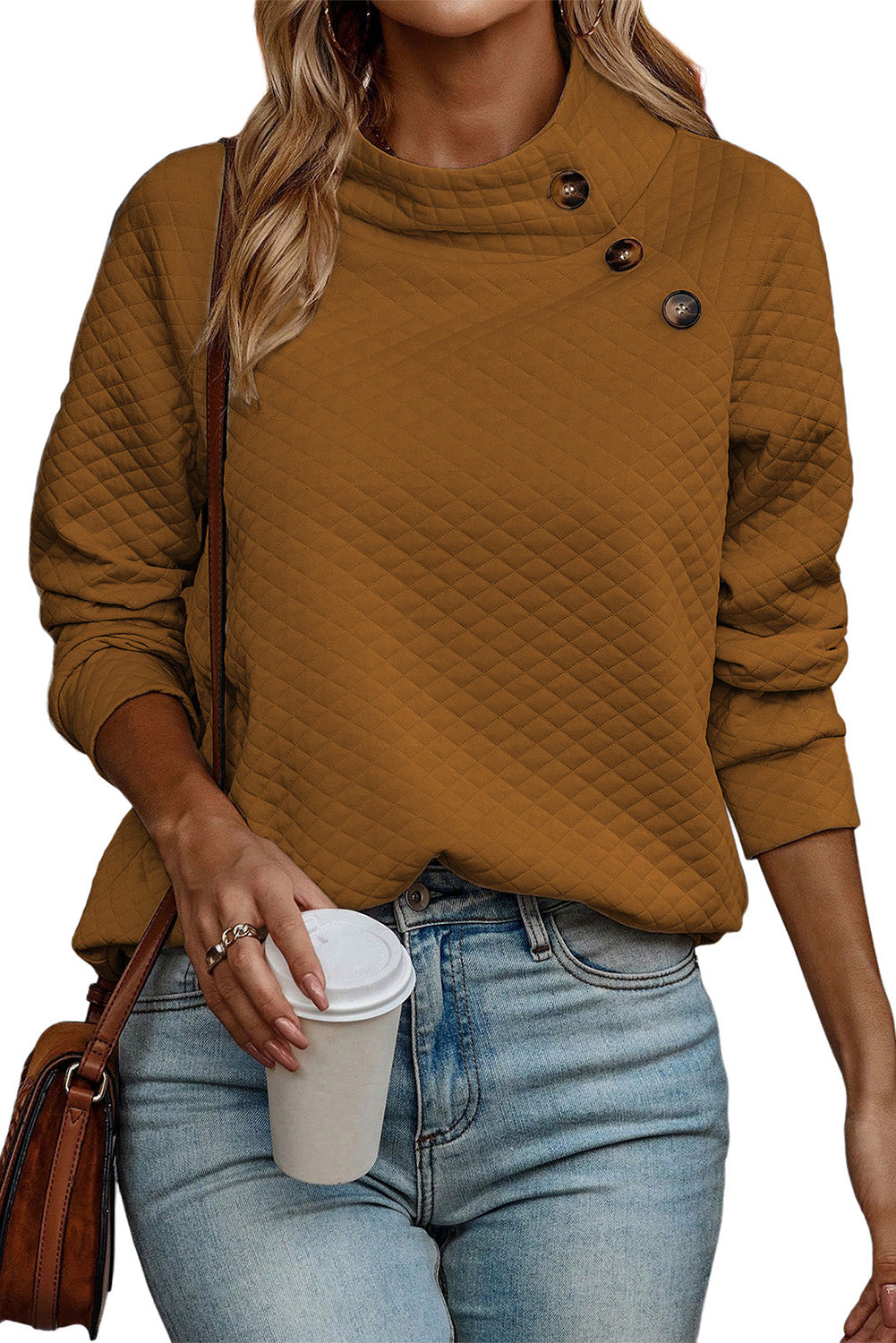 Apricot High Neck Kangaroo Pocket Quilted Sweatshirt