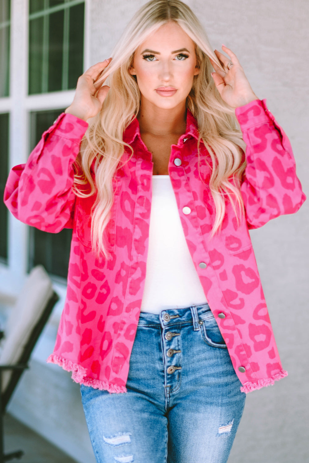 Pink Plus Size Leopard Print Button Cuffs Raw Hem Jacket