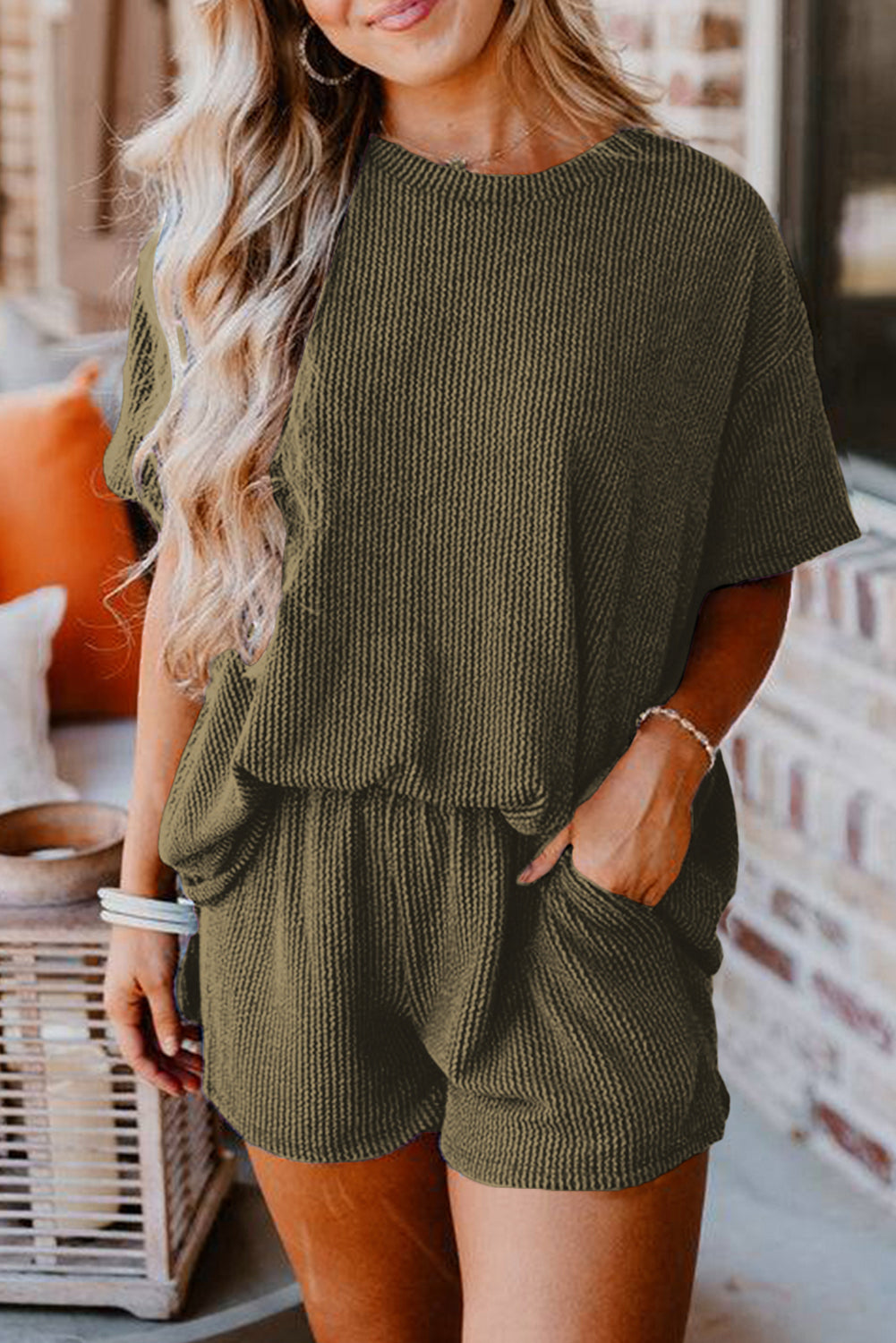 Carbon Grey Ribbed Textured Knit Loose Fit Tee and Shorts Set