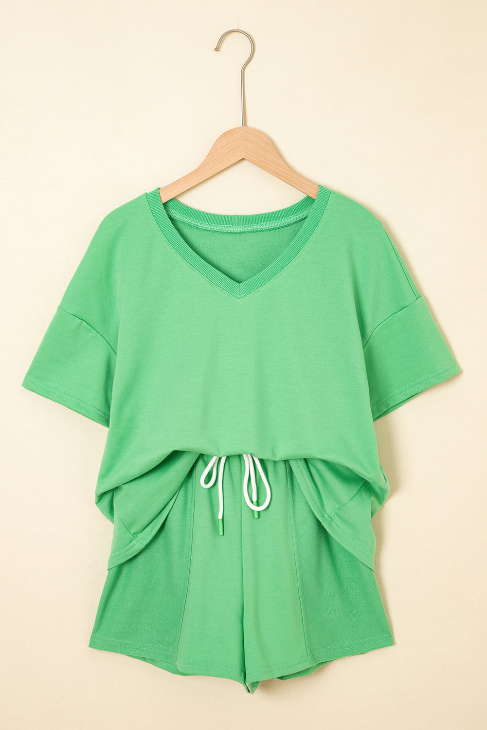 Myosotis V Neck Drop Shoulder Tee and Patchwork Drawstring Elastic Waistband Shorts Set
