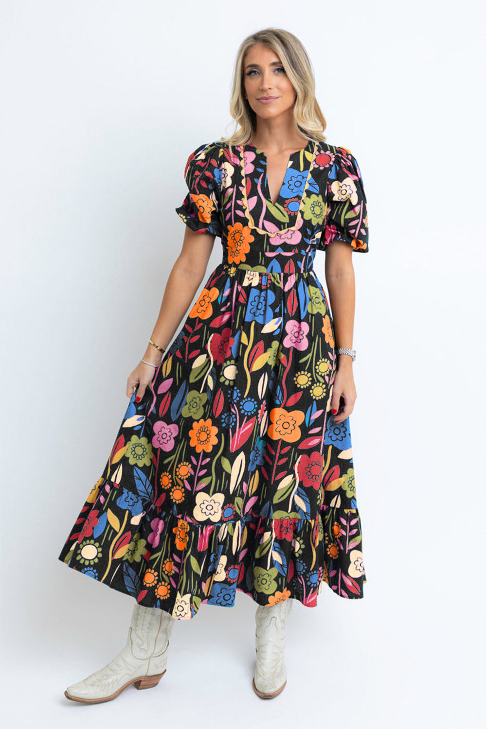 Green Retro Floral Printed Split Neck Maxi Dress