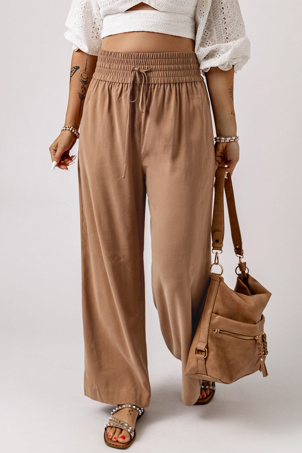 Drawstring Smocked Waist Wide Leg Plus Size Pants