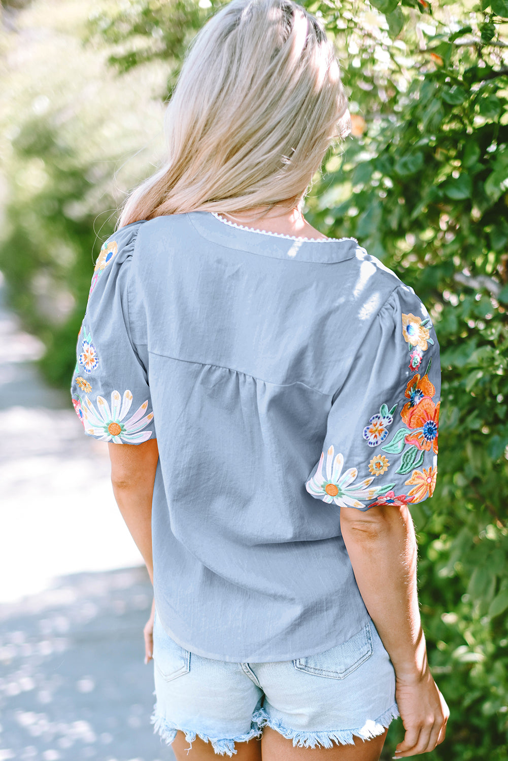 Beau Floral Embroidered Puff Sleeve Split Neck Blouse