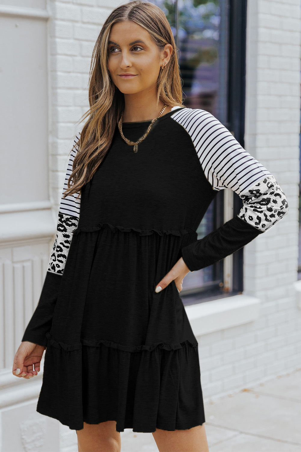 Black Plus Size Striped Leopard Patch Sleeve Ruffle Tiered Dress