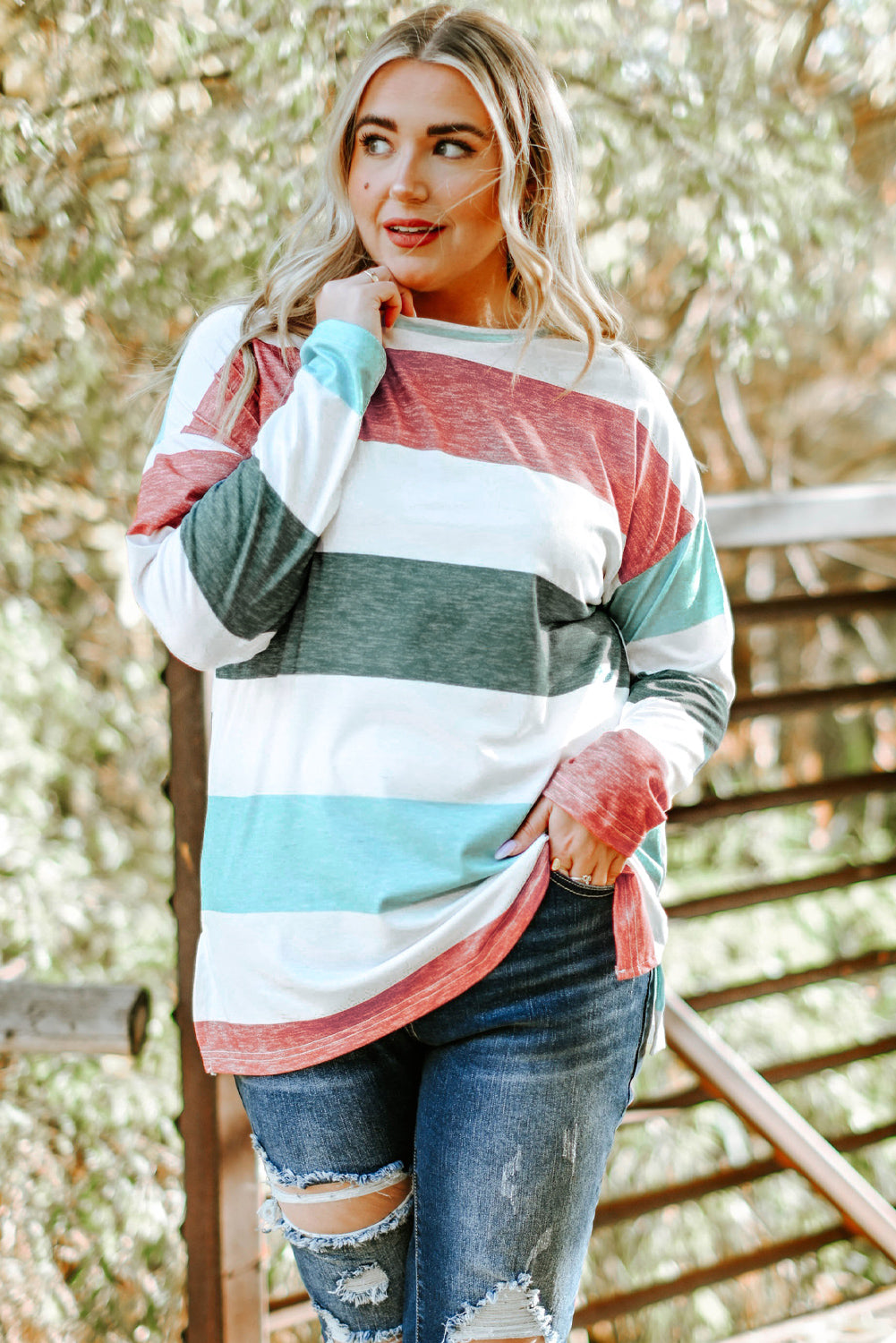 Sky Blue Stripe Plus Size Colorblock Pullover Top