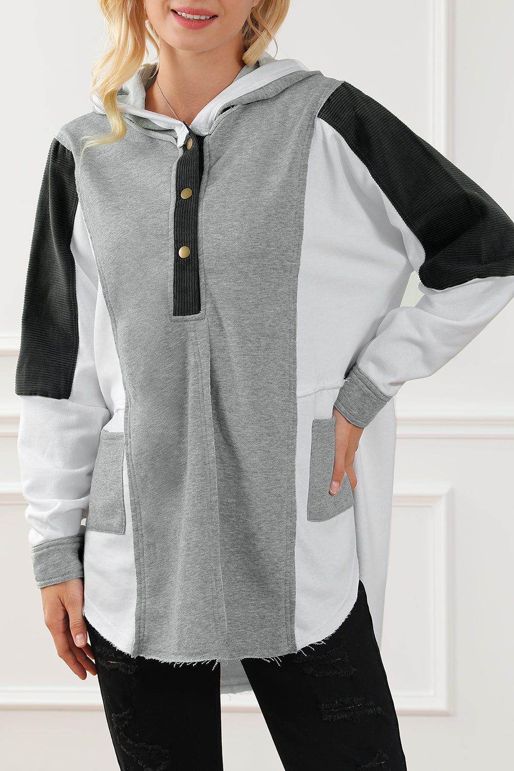 Medium Grey Plus Size Colorblock Patchwork Curved Hem Henley Hoodie