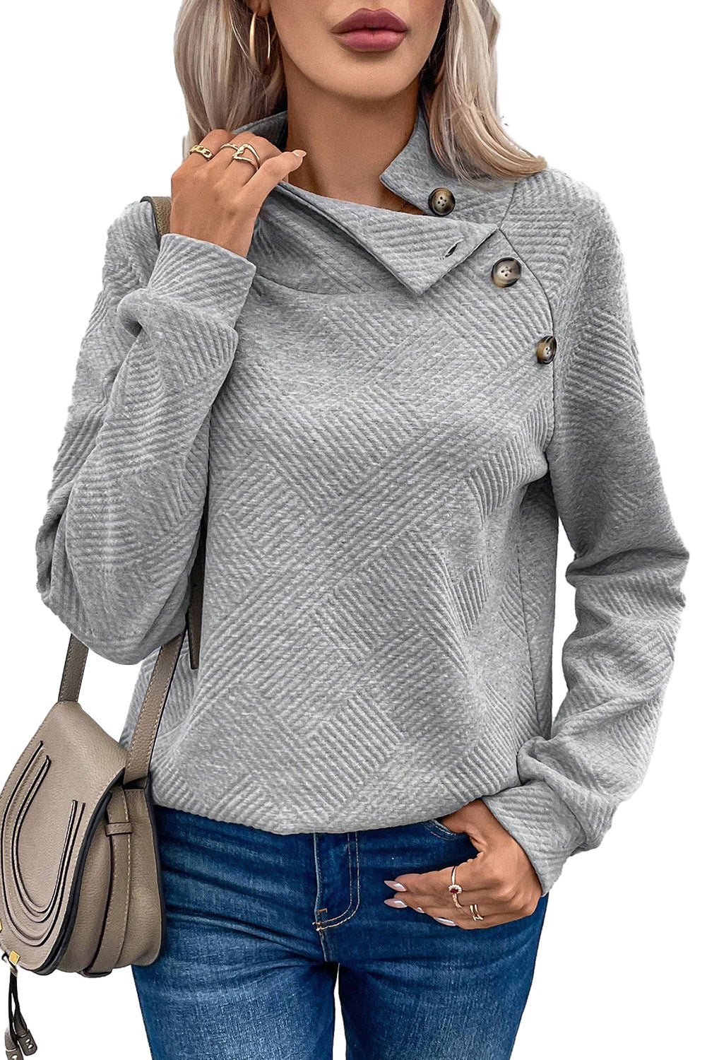 Gray Textured Contrast Splicing Raglan Sleeve Top