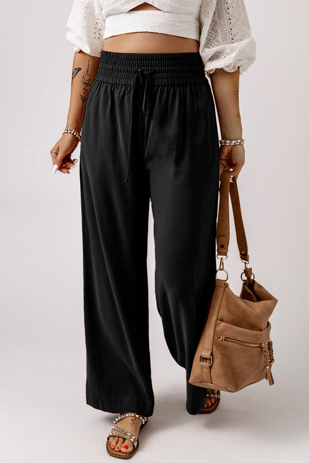 Drawstring Smocked Waist Wide Leg Plus Size Pants