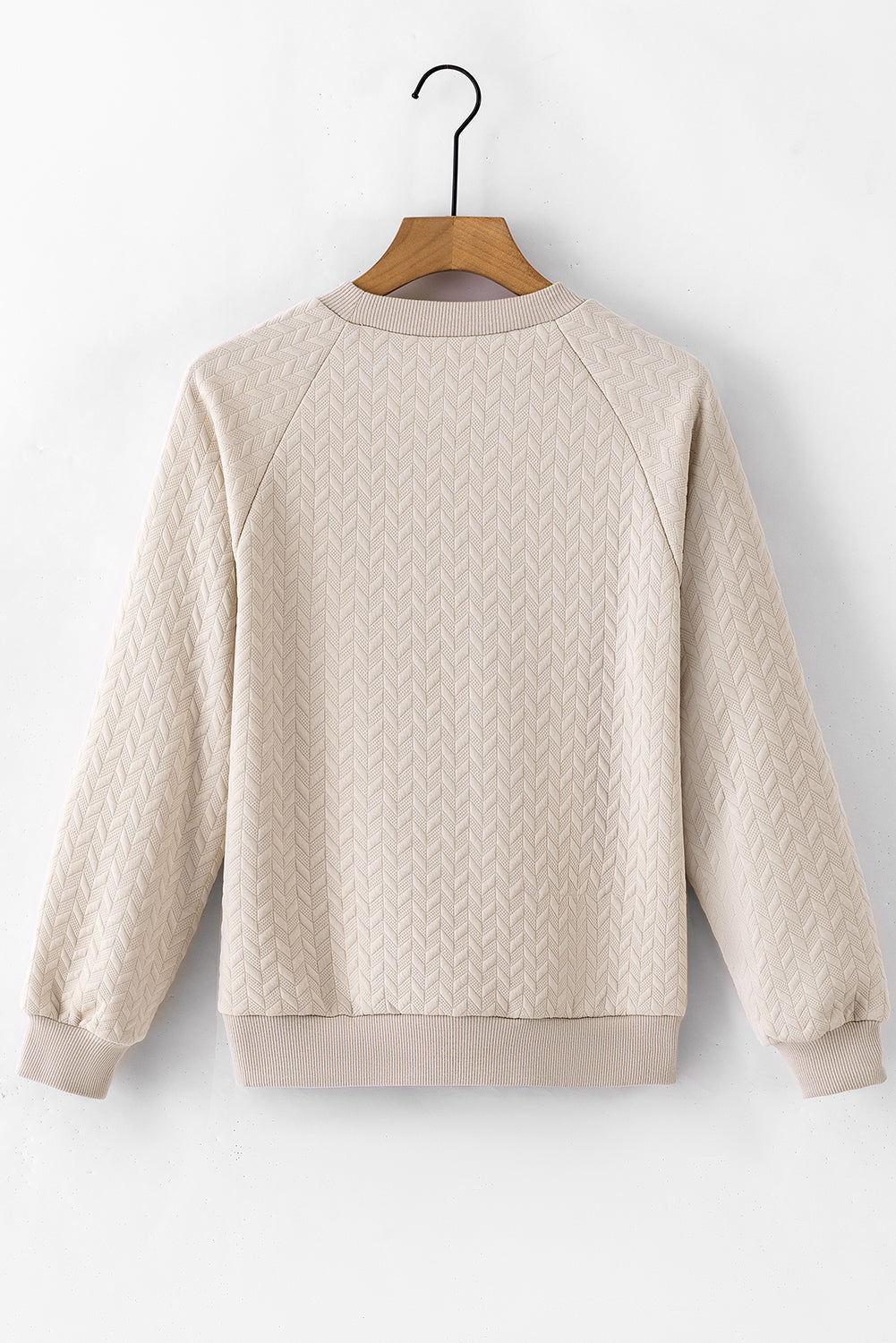 Beige Solid Textured Raglan Sleeve Pullover Sweatshirt