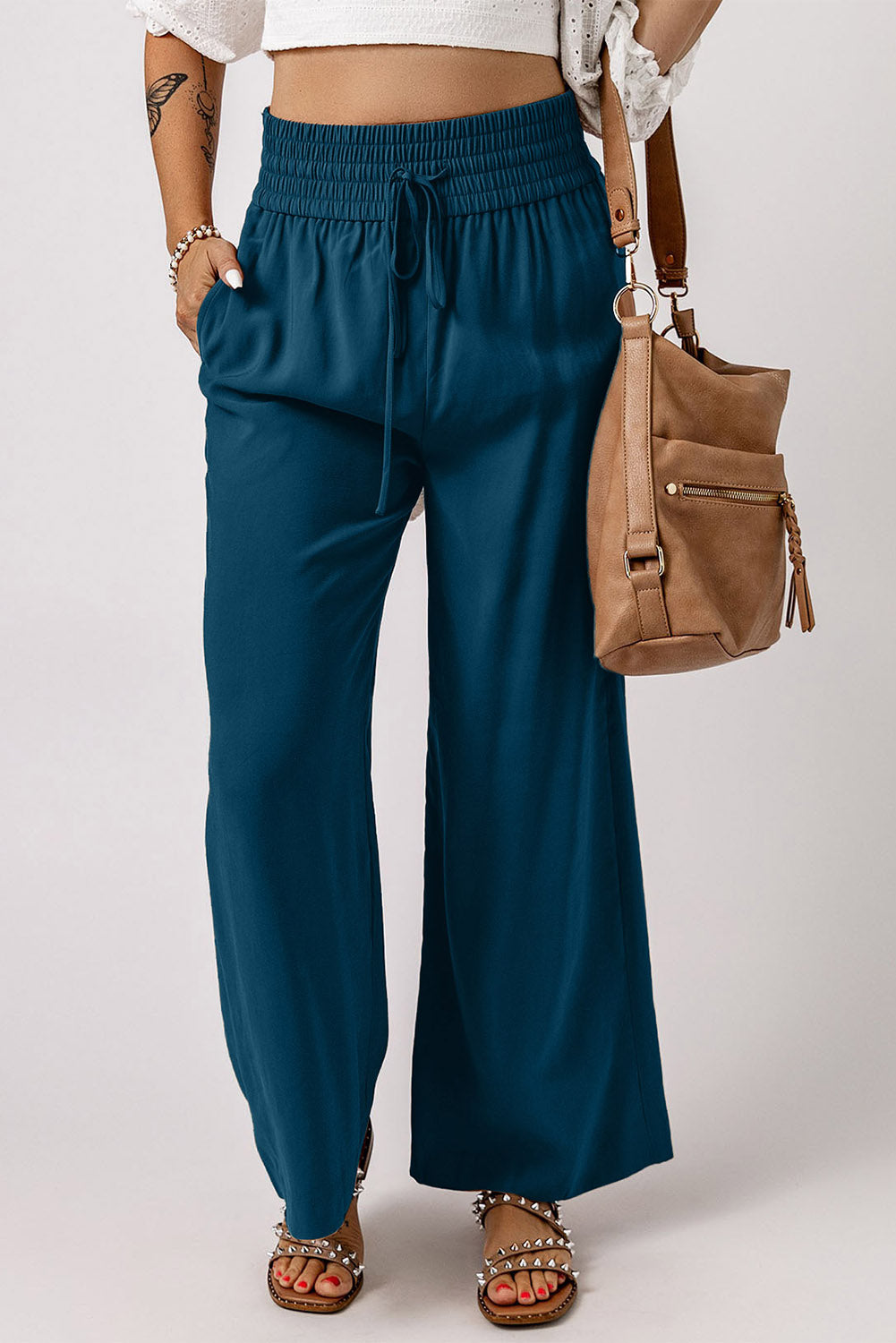 Drawstring Smocked Waist Wide Leg Plus Size Pants